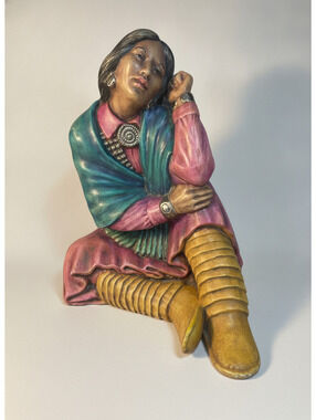 Vintage Southwestern Native American Woman Figurine Sculpture Colorful Shawl